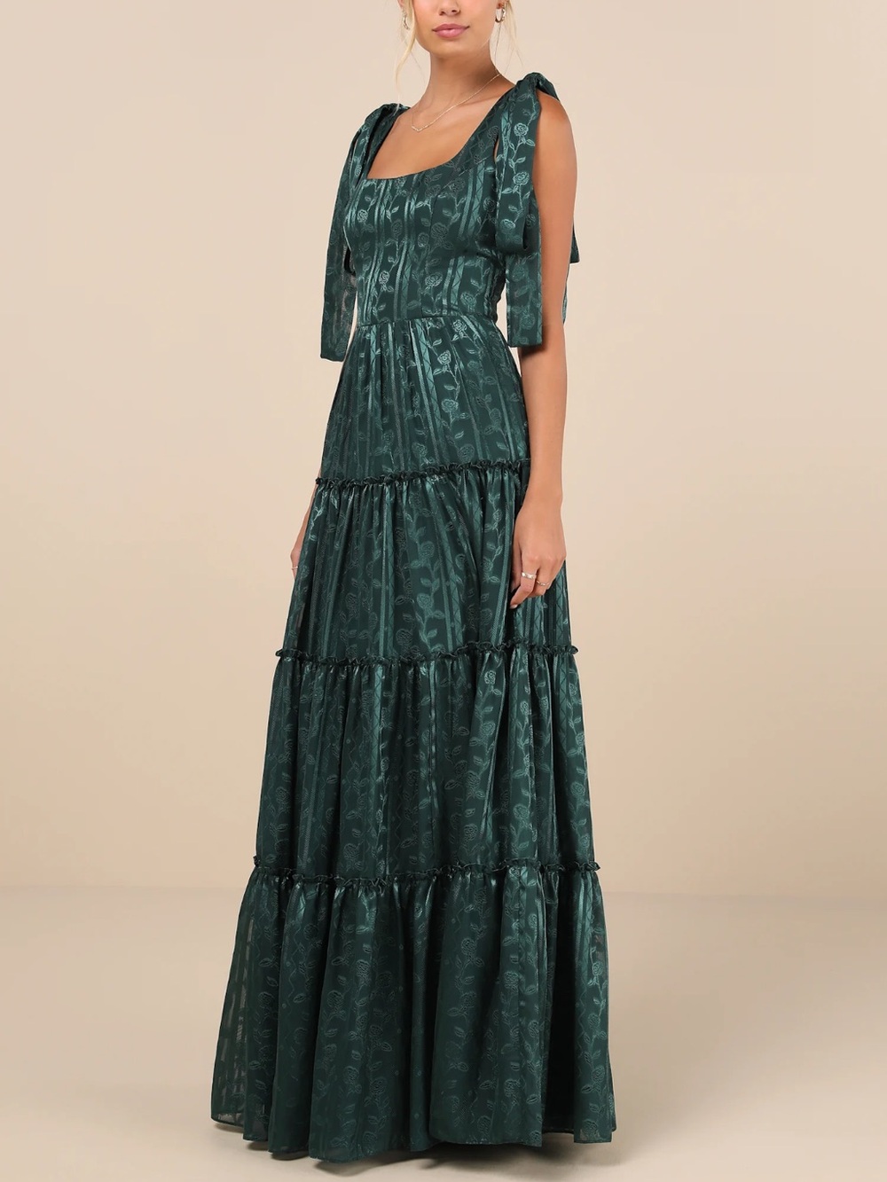 NWT Lulus Picturesque Allure Green Jacquard Tie-Strap Maxi Dress
